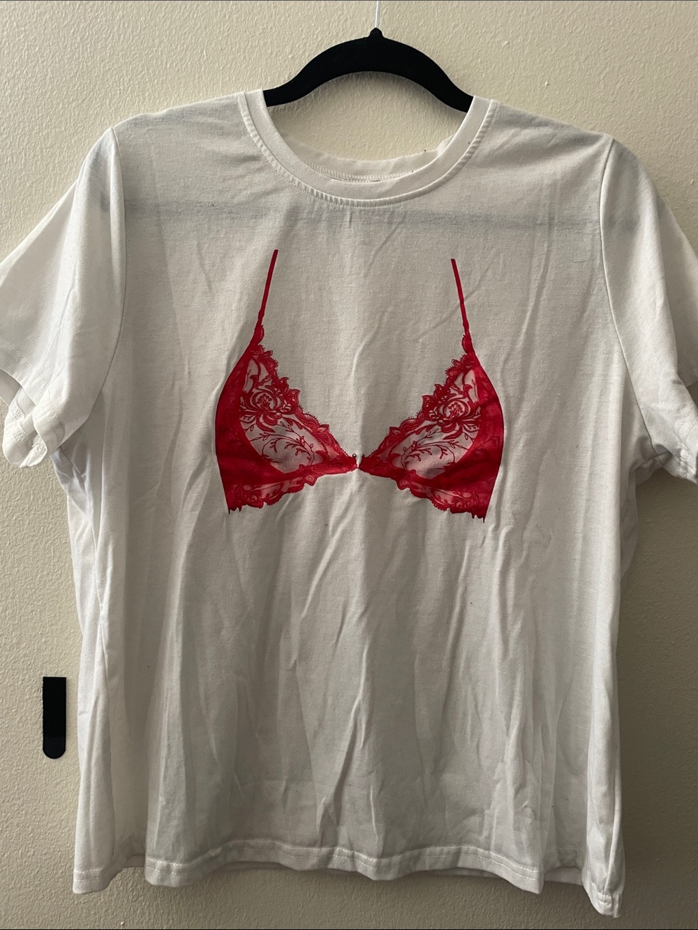 SHEIN White Tee with Red Lace Bralette Graphic